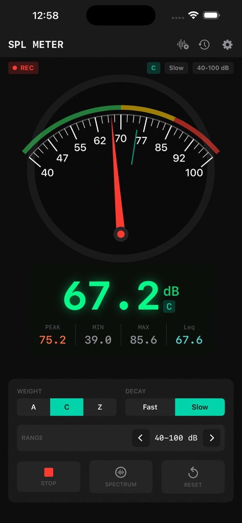 SPL Meter - Sound Level Meter - Interfaz profesional de la app sonómetro que muestra mediciones de decibelios en tiempo real y visualización analógica
