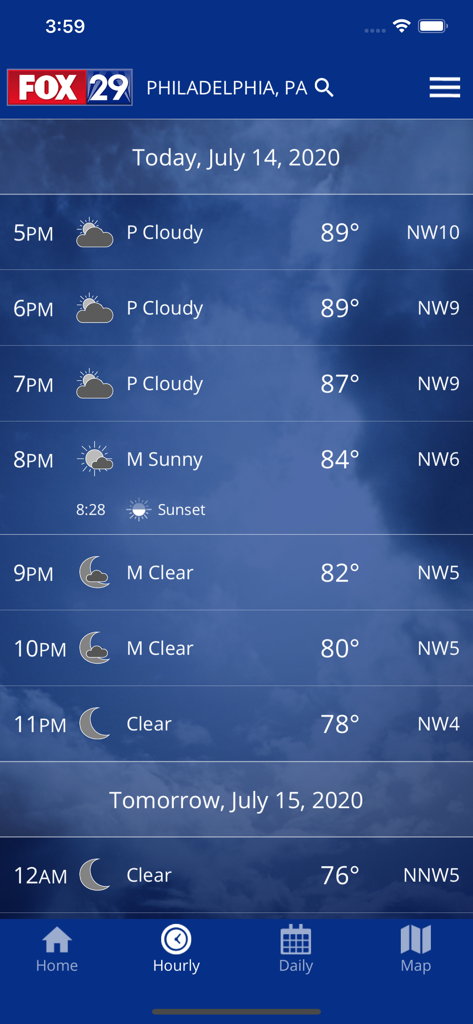 FOX 29 Philadelphia: Weather - Hourly weather forecast screen for Philadelphia on the FOX 29 app