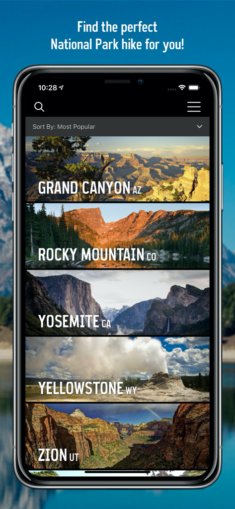 National Park Trail Guide - A list of national parks including Grand Canyon and Yosemite in the National Park Trail Guide mobile app