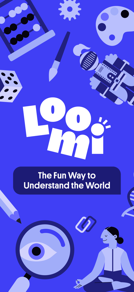 Pantalla de inicio de la aplicación Loomi con el logo y el eslogan La forma divertida de entender el mundo con iconos educativos