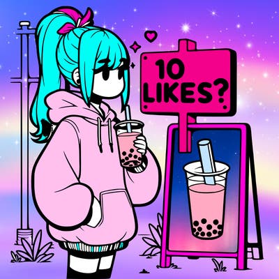 girl with oversized hoodie drinking boba and she has a high ponytail with a sign that says 10likes?