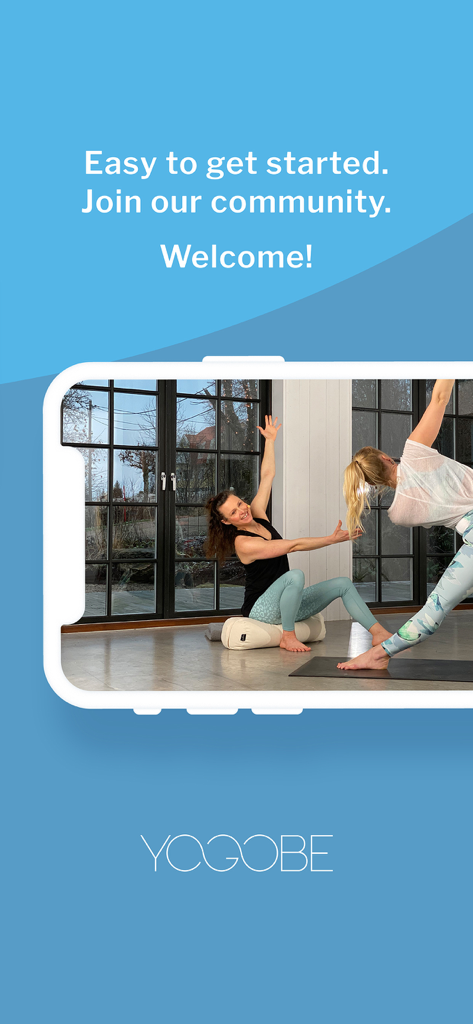 Pantalla de bienvenida de la aplicación Yogobe que muestra mujeres practicando yoga en un estudio luminoso