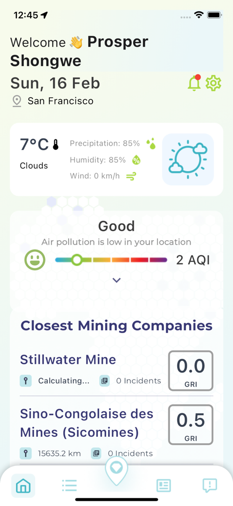 AMAP - AMAP app dashboard showing local weather air quality index and a list of mining companies with GRI ratings
