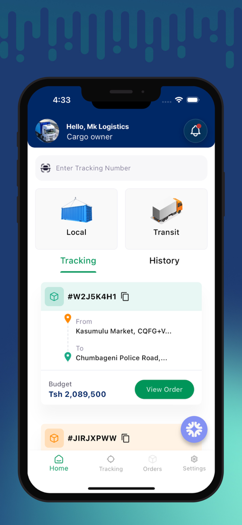 Sana Logistics - Sana Logistics mobile app dashboard showing real-time shipment tracking with route and budget details