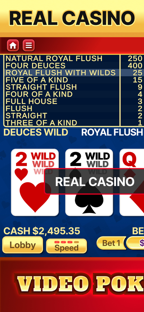 Video Poker Deluxe - Gameplay screen of Video Poker Deluxe showing a Deuces Wild card game with a classic Vegas casino paytable.