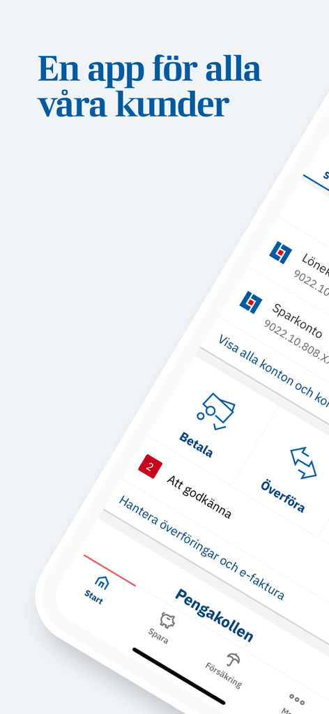Pantalla de inicio de la aplicación Lansforsakringar que muestra funciones de banca y seguros