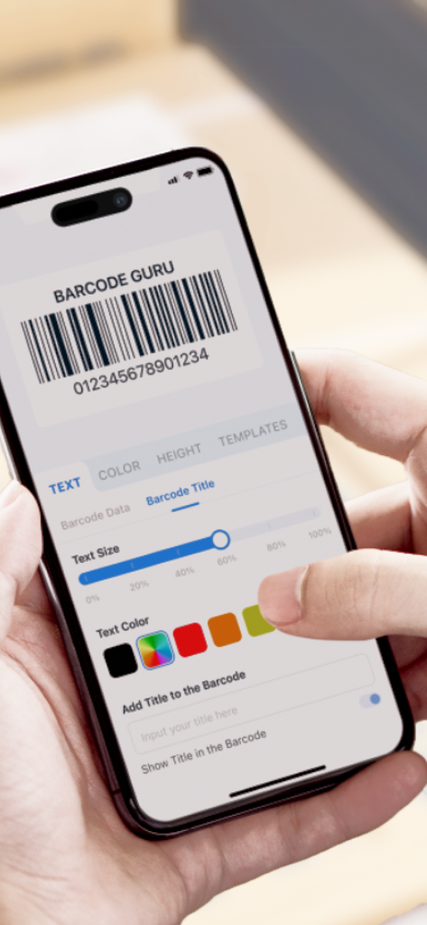 A person using the Barcode Guru app on a smartphone to customize barcode text size and color