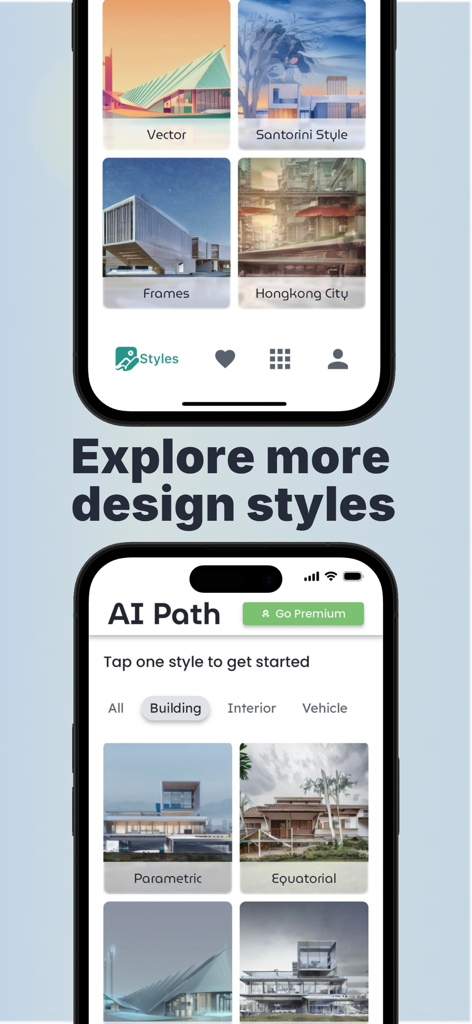 AI Path App-Oberfläche, die verschiedene architektonische und künstlerische Designstile für die Bilderzeugung zeigt.
