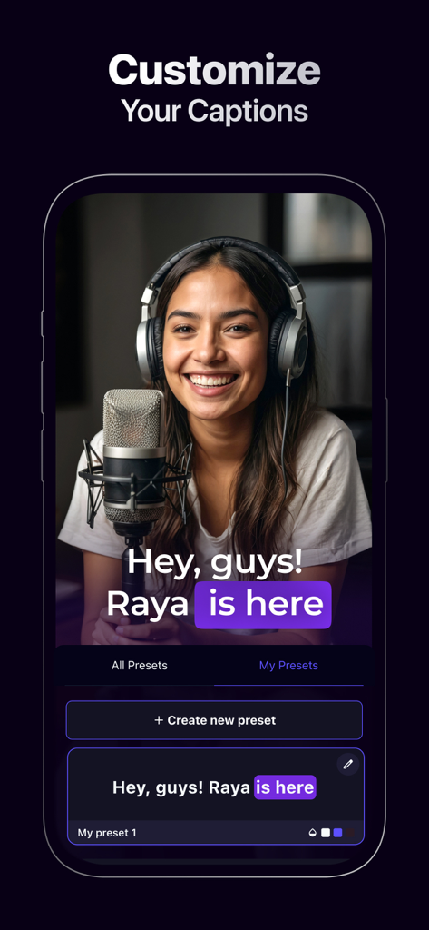 AI Captions for Videos - Dubs - Oberfläche, die zeigt, wie Videounterschriften und Untertitel mit Voreinstellungen angepasst werden