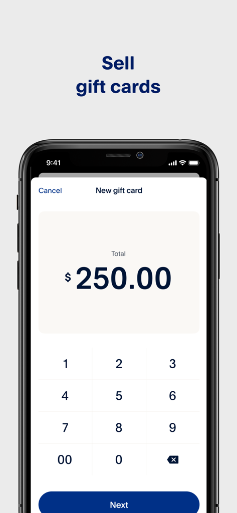 PayPal POS app interface for selling a new gift card with a numerical keypad showing a total of 250 dollars