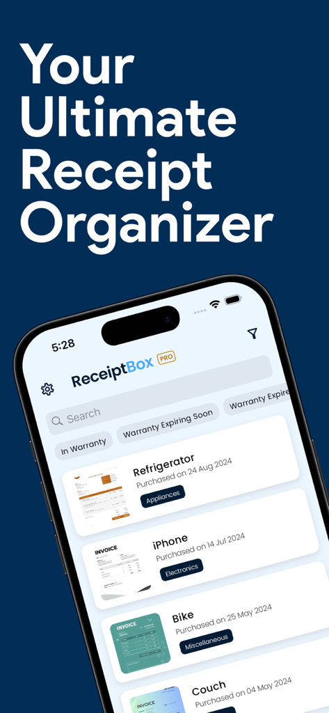 Receipt Organizer : ReceiptBox - ReceiptBox app interface showing organized digital receipts and warranty tracking features on an iPhone.