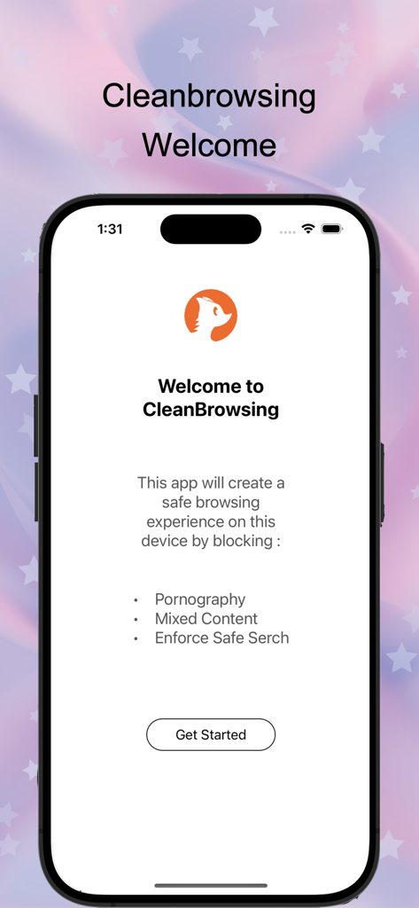 The welcome screen of the CleanBrowsing DNS app highlighting safe browsing features like blocking pornography and enforcing safe search.