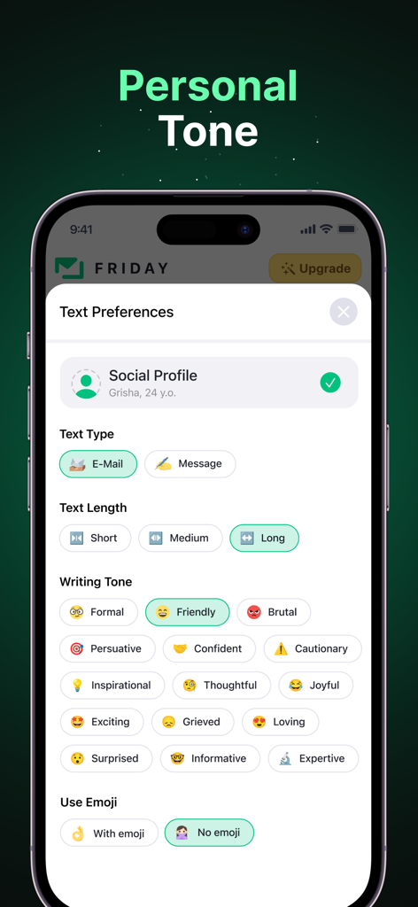 Interface de l'application Friday AI Email Writer montrant les préférences de texte personnalisables, y compris le ton d'écriture, la longueur et l'utilisation d'emojis.