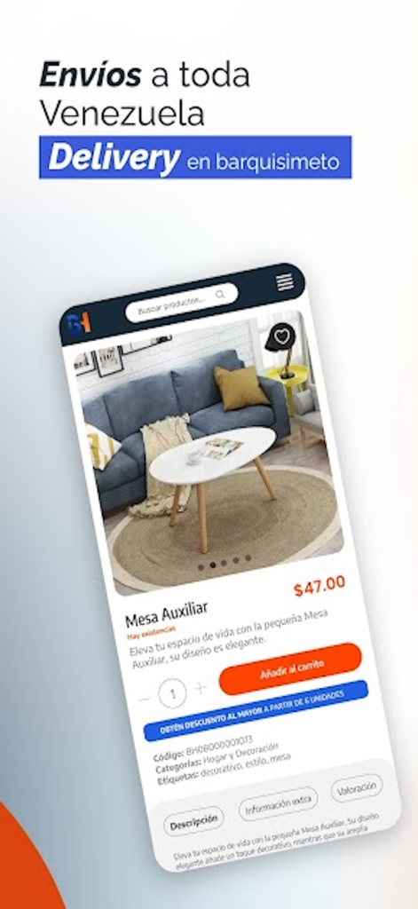 Barujhaba - Barujhaba mobile app product page for a side table with delivery options to Venezuela