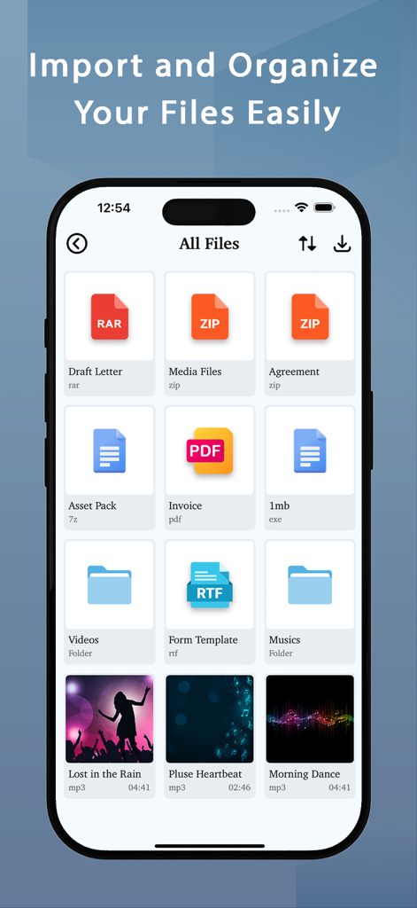 Photo Recovery - Backup & Edit - Mobile app interface displaying a variety of organized digital files and folders