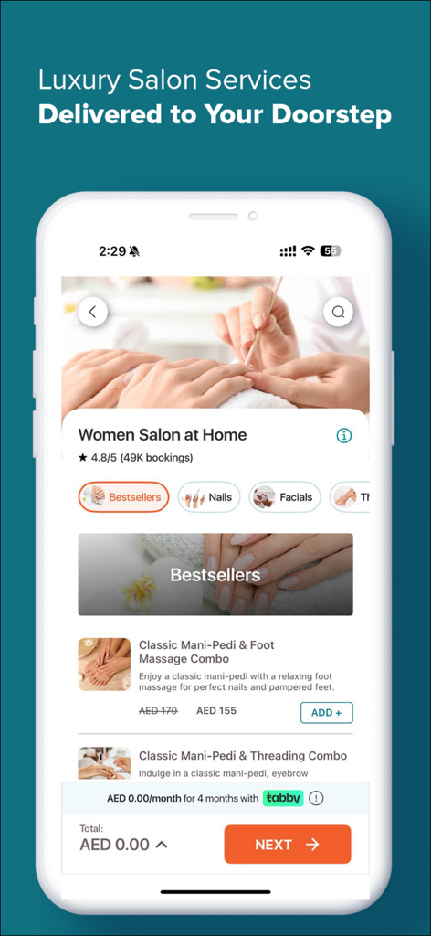 ServiceMarket - Pantalla de la aplicación ServiceMarket que muestra servicios de salón de lujo a domicilio para mujeres, incluyendo manicuras y faciales