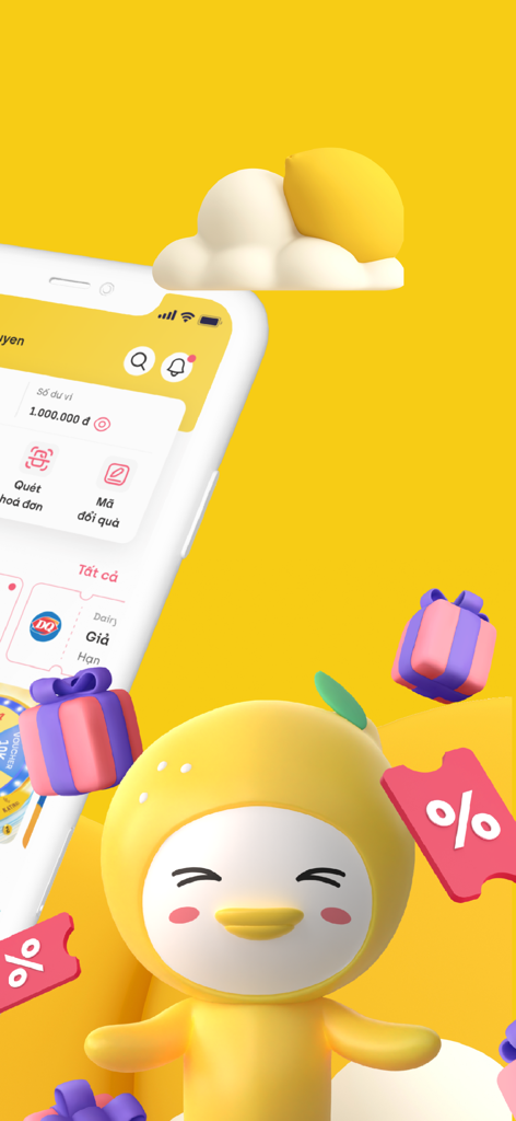 TAPTAP loyalty app interface featuring a cute yellow mascot with floating gift boxes and discount vouchers