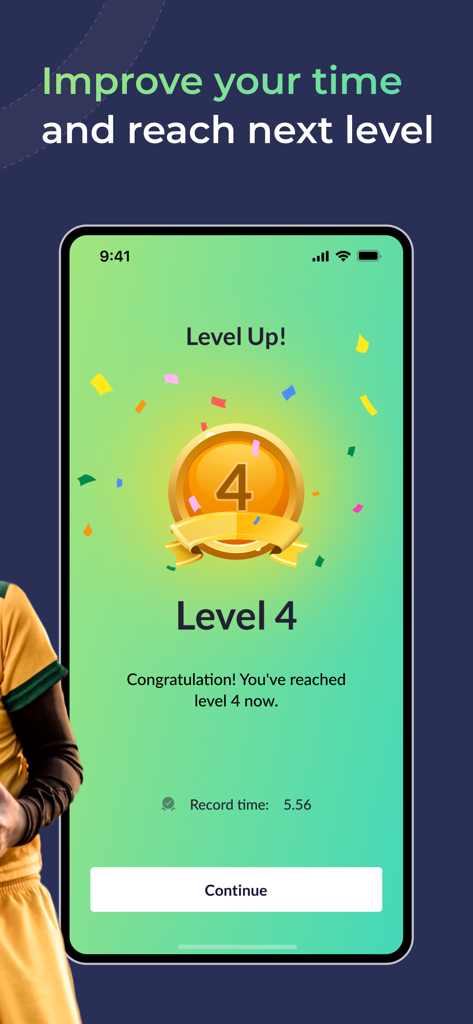 Smart Timer Player app showing a level 4 achievement badge and record time