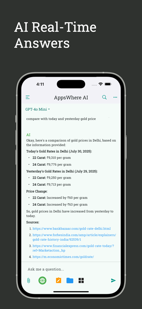 AI GPT Chat Bot - AppsWhere - Smartphone, das die AppsWhere AI Chat-Oberfläche zeigt und Echtzeit-Goldpreisvergleiche mit Quelllinks liefert.