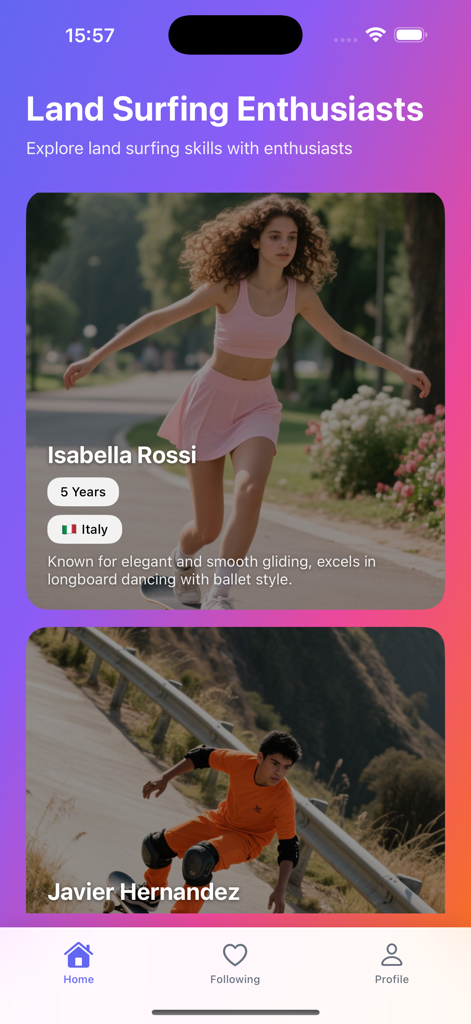 Tela do aplicativo Surfly exibindo perfis de entusiastas de land surfing.