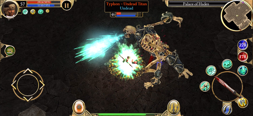 Titan Quest: Legendary Edition - Gameplay screenshot of a hero battling the giant skeletal boss Typhon in the Palace of Hades within Titan Quest Legendary Edition.