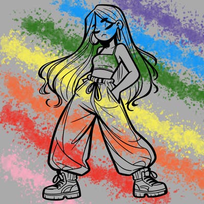 girl in baggy pants crop top and long hair