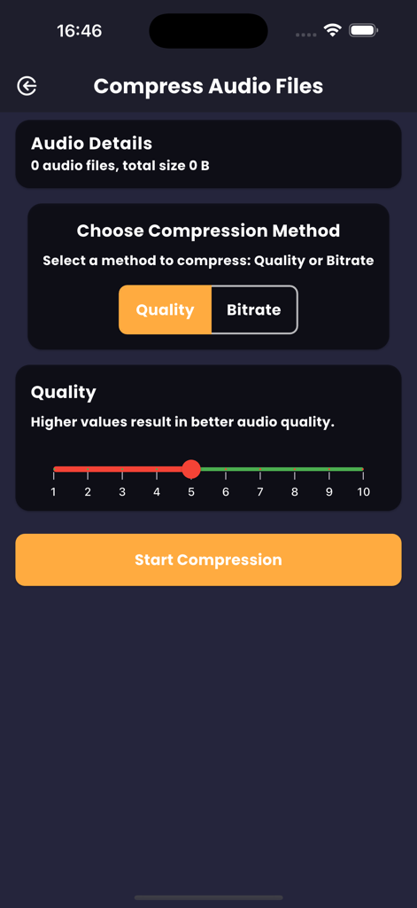 Audio Compressor MP3 - Audio Compressor MP3 app screen showing compression settings with a quality selection slider