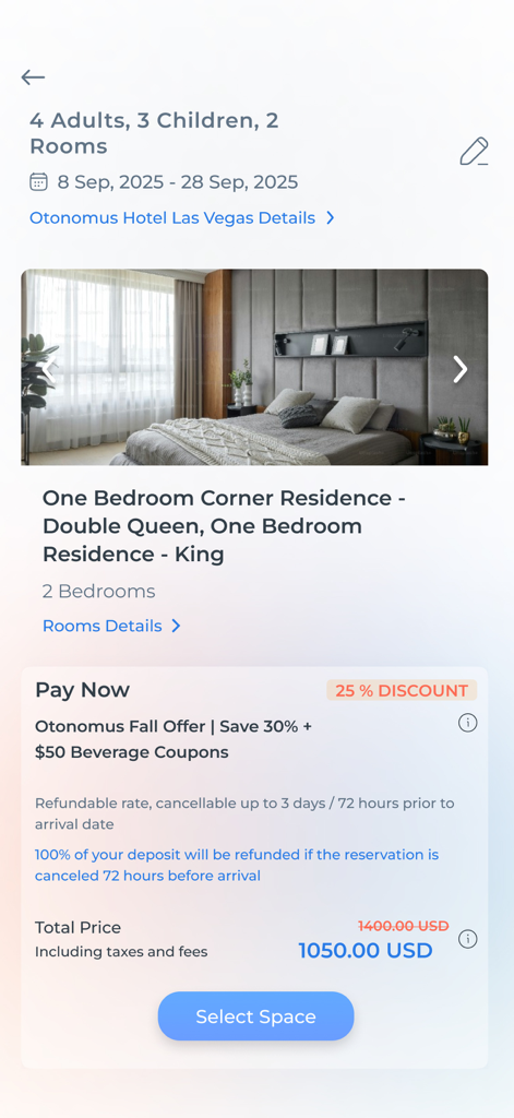 Otonomus hotel booking screen in the KEE app showing residence details and pricing