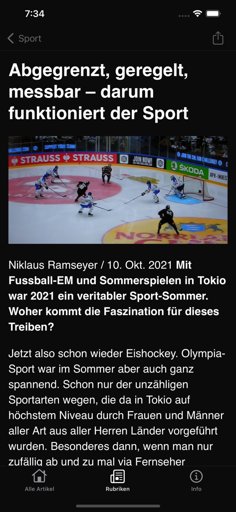 Infosperber - Infosperber mobile app interface displaying a news article about sports with an ice hockey match image