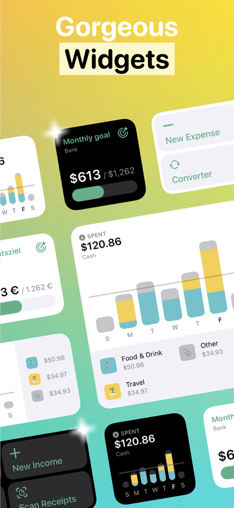 Fin - Budget Tracker - Fin budget tracker app ios widgets showing financial goals and spending charts