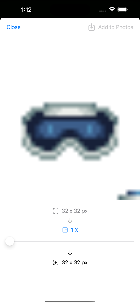 Pixel Companion for Procreate - Oberfläche der Pixel Companion App, die einen verschwommenen 32x32 Pixel-Art-Sprite und Skalierungsoptionen anzeigt