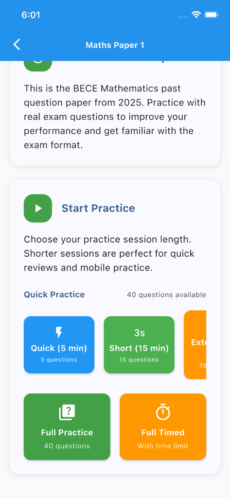 BECE Past Questions & Mocks - Interface do aplicativo Questões Anteriores do BECE mostrando diferentes modos de prática para um exame de Matemática, incluindo opções de prática rápida e completa