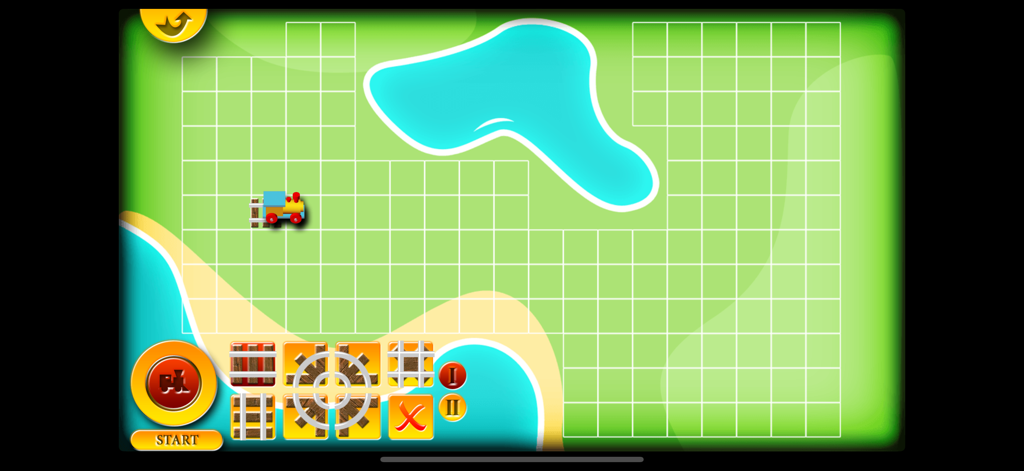 Mini Train for Kids - A construction mode screen in the Mini Train for Kids app showing a grid for building custom train tracks near a blue lake.