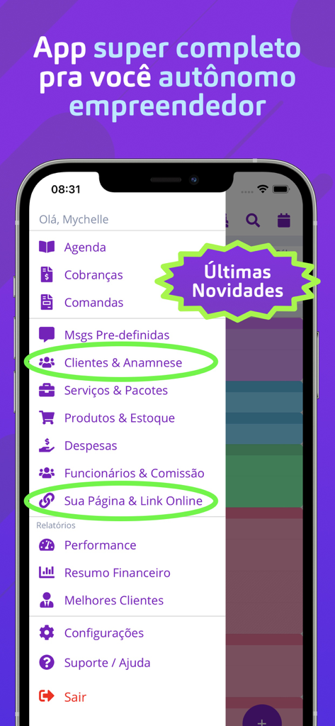 Minha Agenda pra profissionais - Mobile app interface showing a list of business management features for self employed professionals
