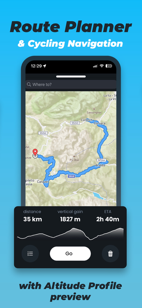 Relevateアプリで距離、垂直上昇、高度プロファイルが表示されたサイクリングルートマップを示すスマートフォンスクリーン。