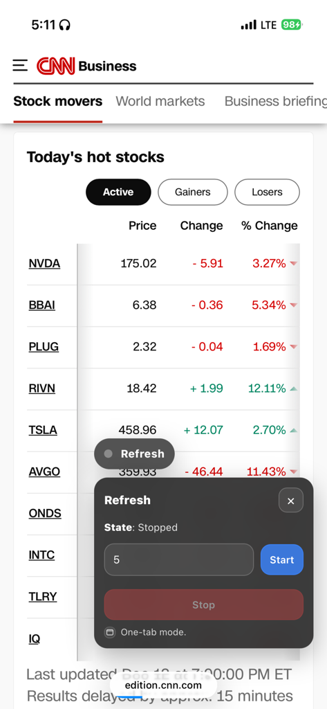 Refresh | Web - Refresh Web Safari extension interface on a stock market news page for automated reloading
