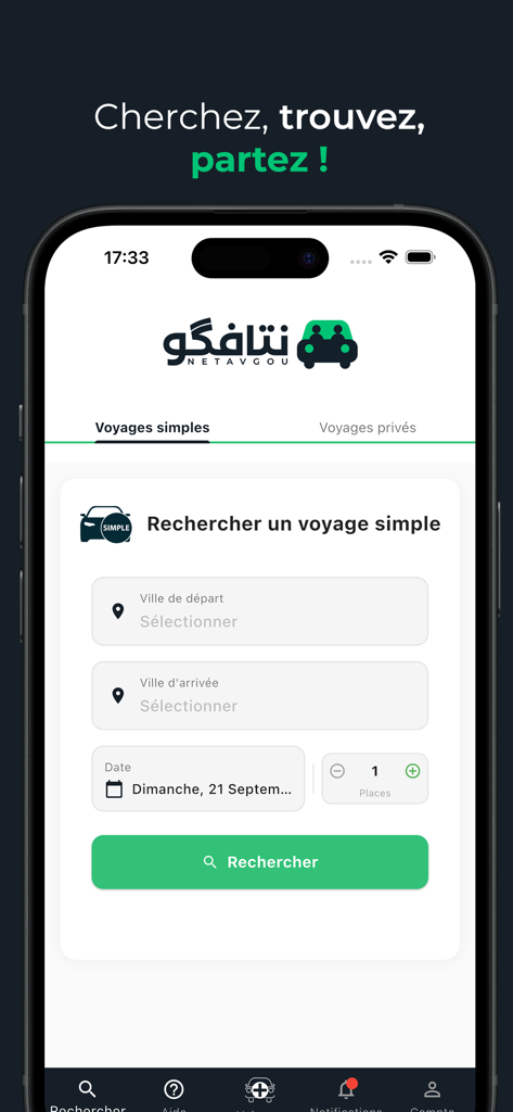 Netavgou - نتافگو - Netavgou carpooling app search interface for interurban trips in Mauritania