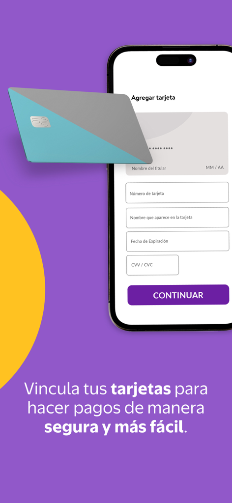 Interface of the Cashi digital wallet showing a form to link a credit or debit card for secure payments.