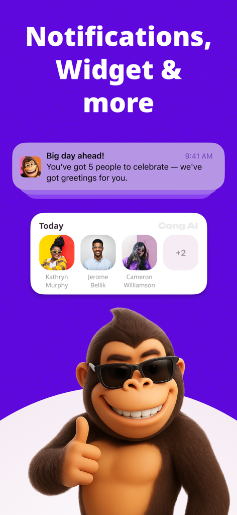CongAI: Birthday Wish Message - CongAI app notification and home screen widget showing upcoming birthday reminders