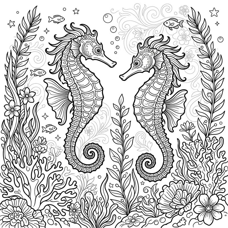 Celebrate the joy of spring with this stunning seahorse coloring page designed specifically for teens. Explore a vibrant underwater world filled with intricate details, elegant seahorses, and blossoming marine flora.