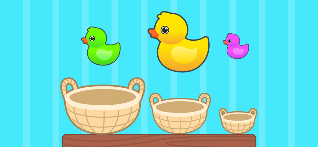 幼児がアヒルのゴム製おもちゃをサイズ別に箱に分類するゲーム画面