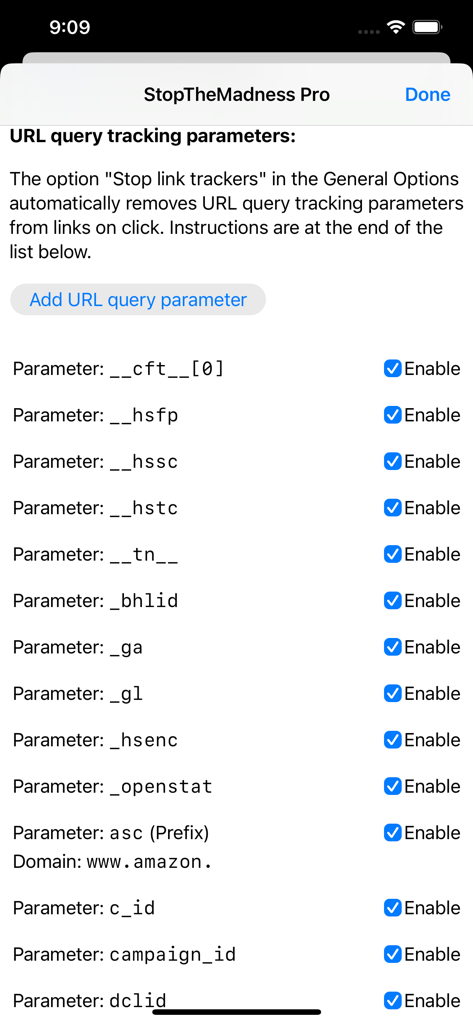 A menu in StopTheMadness Pro showing a list of URL query tracking parameters with toggle switches to enable or disable their removal for privacy protection.