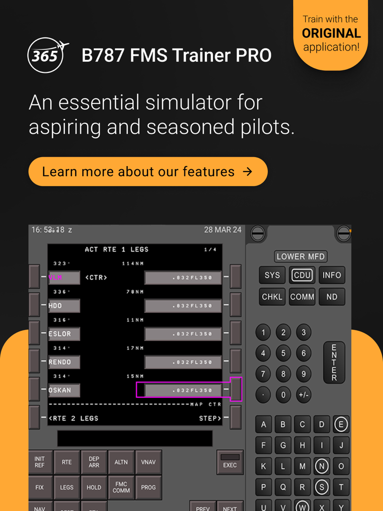 B787 FMS Trainer PRO - B787 FMS Trainer PROアプリインターフェース。パイロットトレーニング用のフライトルートレッグとコントロールキーパッドを表示。