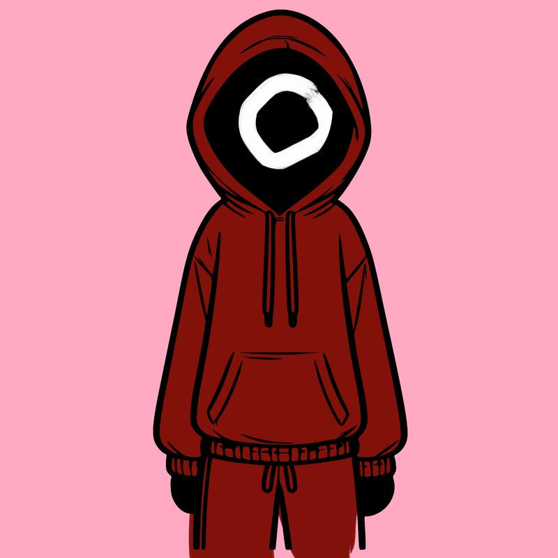 faceless girl in a tracksuit with a hood on and no hair