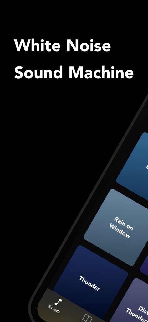 Sound Machine - White Noise - Interfaccia dell'app Sound Machine con rumore bianco che mostra riquadri di suoni ambientali per pioggia e tuono
