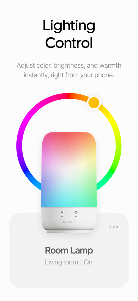 Interfaz de la Smart Life Home App mostrando el control de iluminación y la rueda de colores para una lámpara de habitación