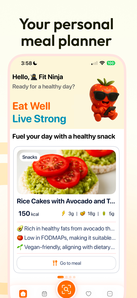 Meal Plan Identifier - Foojy - Panel de la aplicación móvil Foojy que muestra una receta instantánea de refrigerio saludable para tortas de arroz con aguacate y tomate