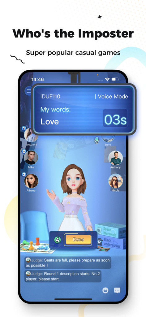 Screenshot of the Whos the Spy social deduction game in WePlay featuring a 3D avatar and real-time voice chat interface