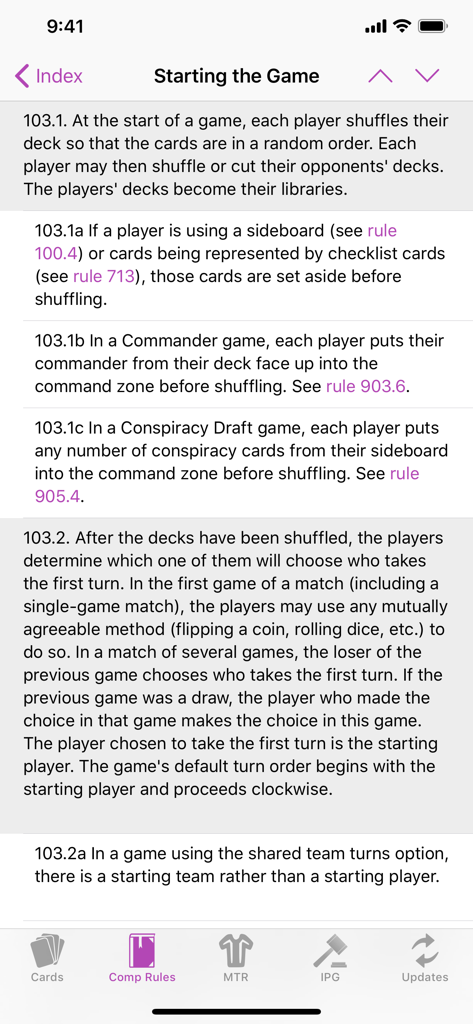 MTG Guide - La interfaz de la aplicación Guía MTG que muestra las reglas completas para comenzar un juego, incluyendo barajar y orden de turno.