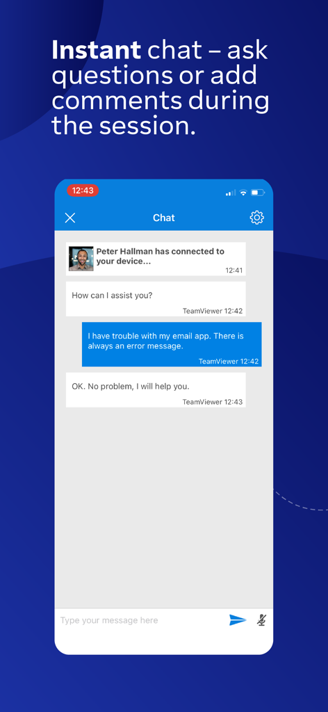 Interface of the TeamViewer QuickSupport app showing a live chat session between a user and a support agent
